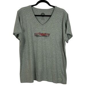 Life Is Good Crusher Short Sleeve V-Neck Tee XL Grey Dog In Red Car Graphic